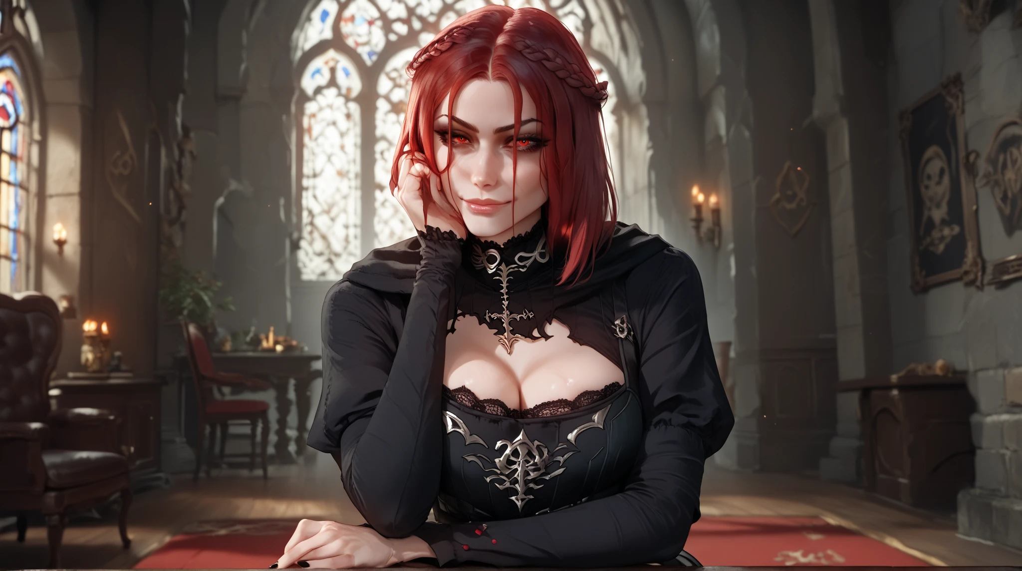 arafed man with red hair sitting on a couch holding a book, nun fashion model, majestic saint woman, fine art fashion magazine style, female redhead templar, gothic influence, beautiful androgynous prince, nun fashion model looking up, gothic and baroque, delicate androgynous prince, androgyny, gothic style, portrait androgynous girl