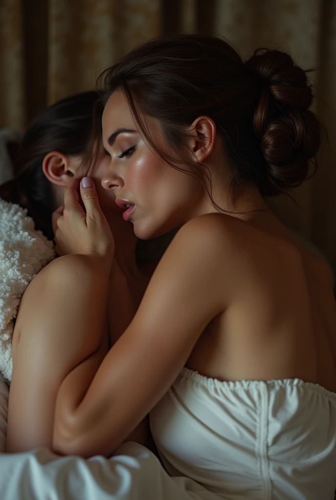 12 year old girl, sensual in the bed of her room, Her maid watches her, translucent handkerchief, very long dark wavy hair, standing next to the bed, goddess body, small breasts , his hands on the back of his neck, sensual expression, the maid watches her
