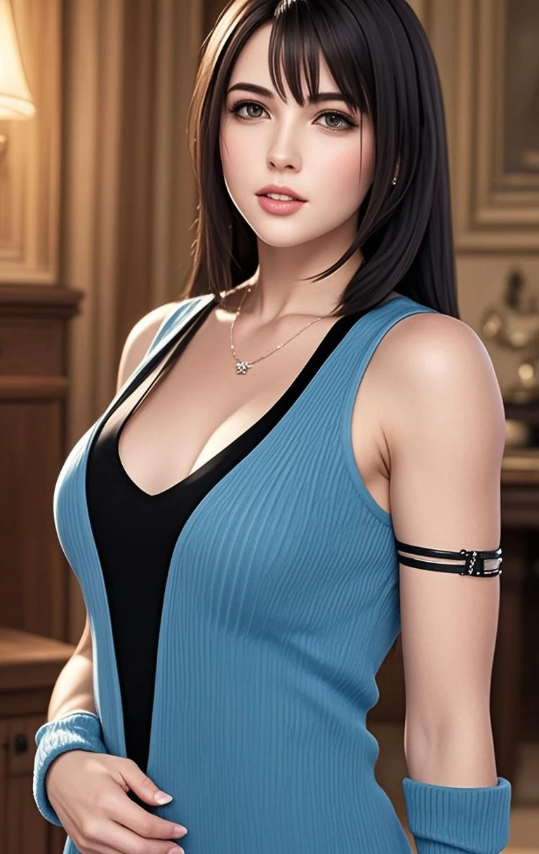((((masterpiece, best quality, high resolution)))), Extremely detailed 8K, Beautiful girl with voluptuous body, (Ultra HD, Ultra-detailed, Highly detailed, Highly realistic, Ultra-realistic, photograph realistic), (1girl:1.5), (Realistic blonde hair), (long wavy hair, hair ornaments, earrings), (dynamic poses), facing at camera, looking at viewer, (blushing red, embarrassed, smile), (red eyes, sharp eyes), (large perky breasts:1.2), (beautiful detailed face, beautiful detailed eyes), ((black sports bra)), (body tattoo:1.3), (standing up), sweat, glow, (sunbeam, sunlight), ((cowboy shot)), bedroom, seductive