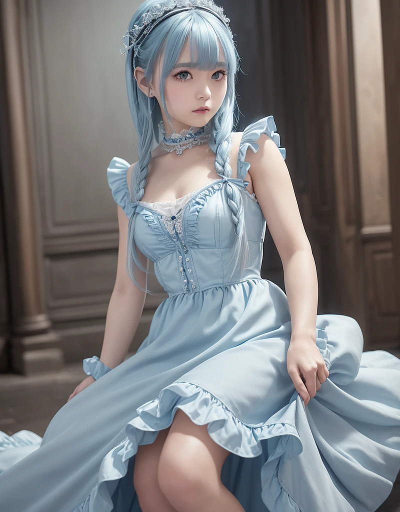 a girl, blue hair, blue eyes, white dress