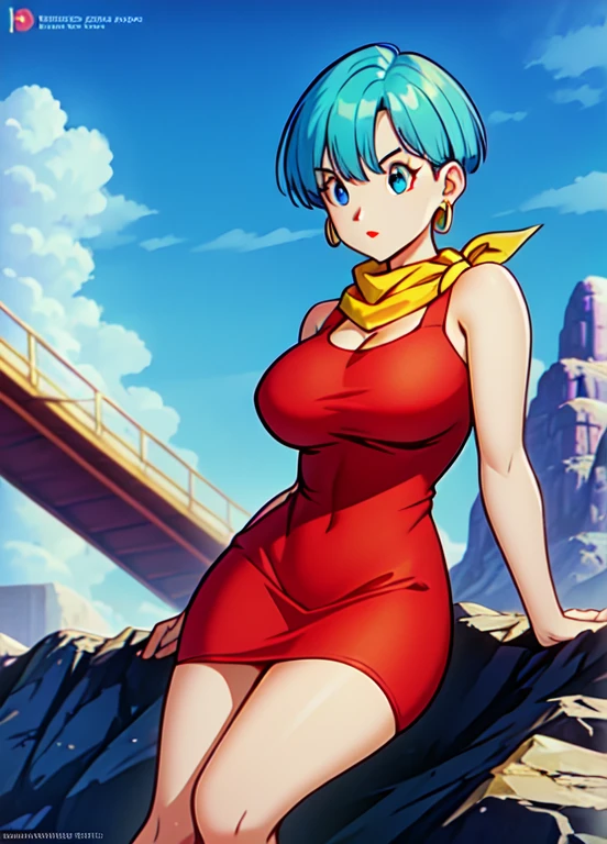 masterpiece, best quality, highest quality, (perfect lighting), (photorealistic), perfect anatomy, perfect face, perfect eyes, 
 bulmadbzreddress, aquamarine hair, short hair, blue eyes, earrings, red dress, yellow scarf, blue sky, clouds, on a cliff looking at a city, (BishoujoMom: 1.5), very tight red dress, legs that open, ((huge breasts, cleavage))), ((thick thighs, hourglass figure)), (topless), 1.5) ((thick red lips), ((blue eyes)), ((aquamarine hair)) photorealistic, photo, masterpiece, realistic, realism,  photorealism, photorealism, high contrast, photorealistic digital art trend on Artstation 8k HD HD realistic detailed, detailed, skin texture, hyper detailed, realistic skin texture, best quality, ultra high resolution (photorealistic: 1.4), high resolution, detailed, raw photo, sharp re, by Lee Jeffries nikon d850 film stock photography 4 Kodak Portra 400 camera F1.6 lens rich colors realistic texture hyper-realistic dramatic lighting unrealEngine trend in ArtStation CineStill 800,