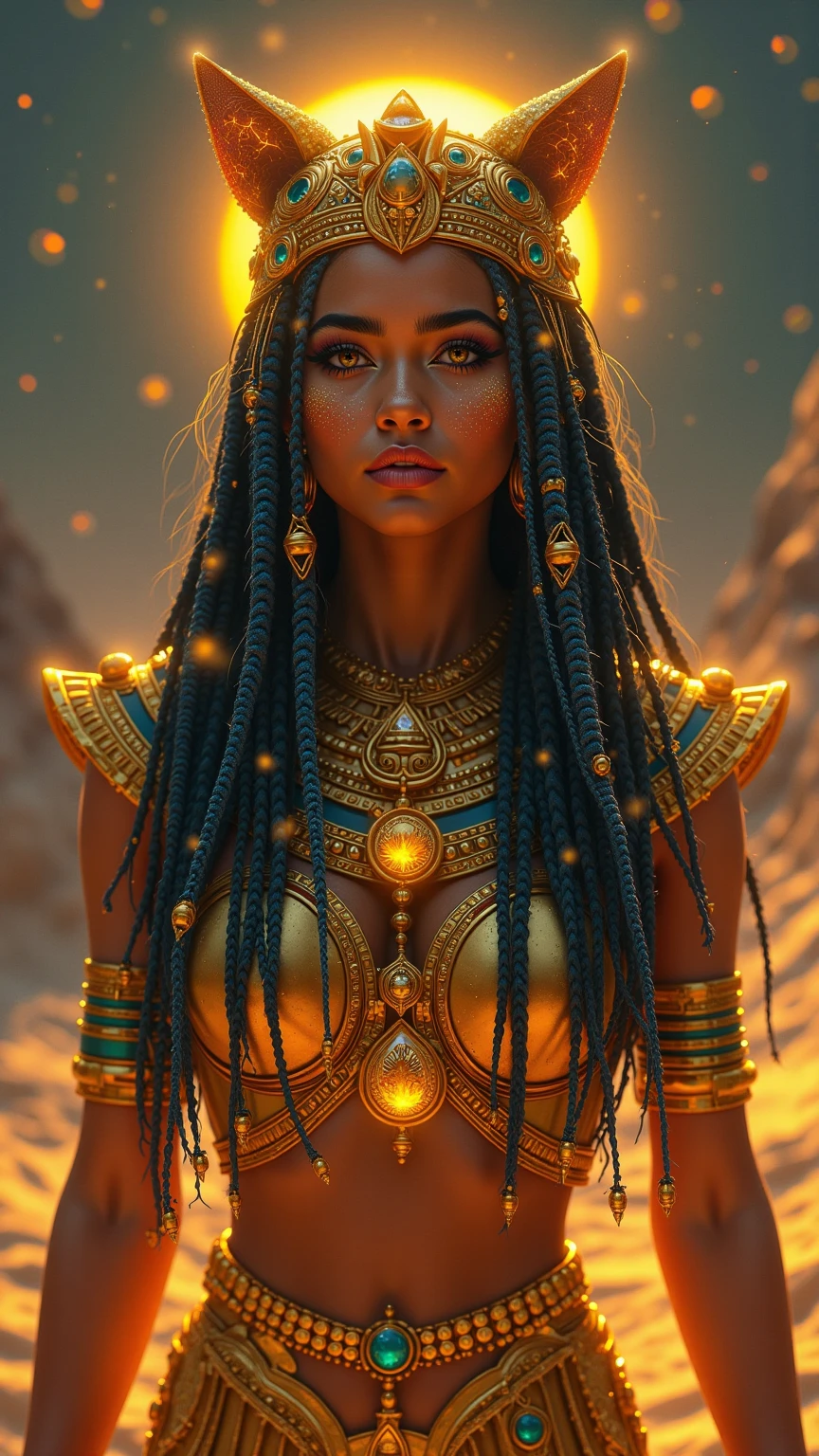 Very detailed, beautiful:1.4, (20 age African girl perfect female theme), (perfect eyes:1.2), posed for a portrait, (translucent aura of zodiac wheel:1.2), (accurate dress), (intricate [urban/ ethereal/space/fantasy ] background), (surreal/horror/romantic atmosphere) dynamic angle, muscular, ethereal, dressed in Armor with gold trim and diamonds.