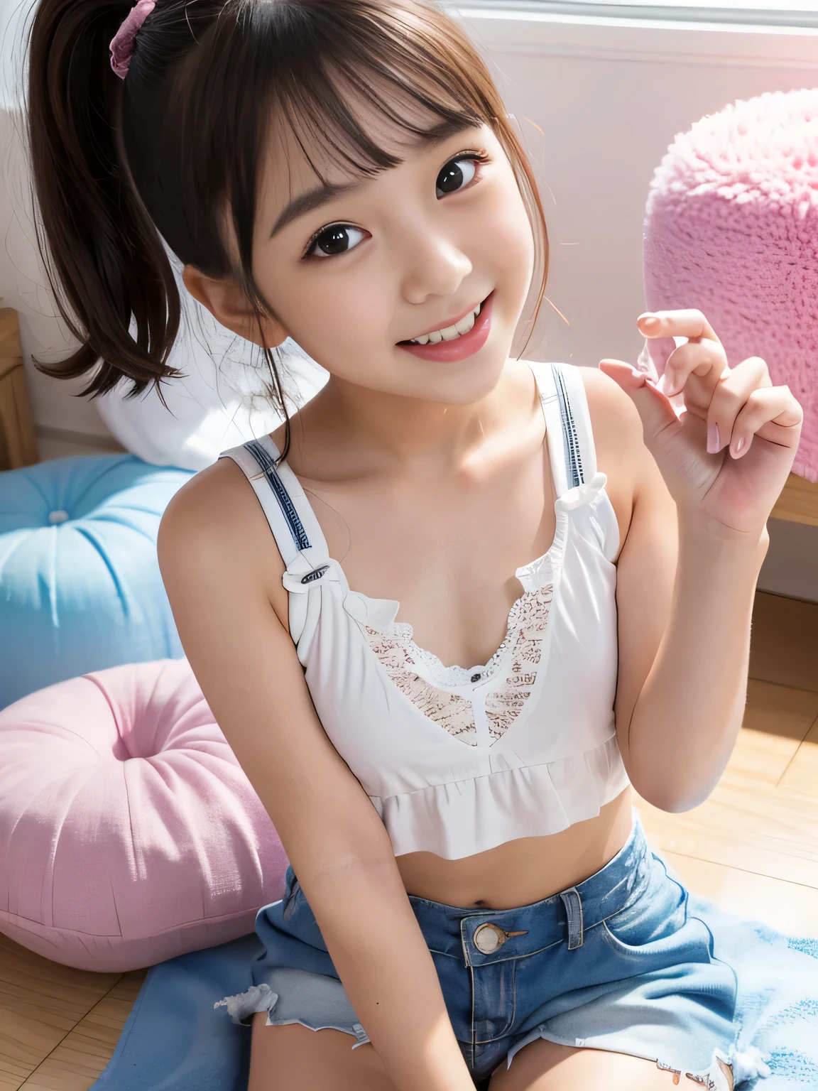 (high-definition CG unified 8K wallpapers)、(masterpiece)、(Top image quality)、(ultra-definition)、(Best Illustration)、(The best shadow)、(Realism:1.4)、(PureFace_v1:0.5)、Real Human Skin、lensflare、(evening)、Back lighting、no-makeup、Many flowers、natural soft light、Hard Focus、Deep Focus、((non-blur))、(Gaze towards the viewer)、Shot from a low position、Knee shot、Beautiful navel、女の子1人、(Under 10 years old)、独奏、Sunburned skin、Petite and thin girl、Beautiful fingers in every detail、Glossy ordinary nails、thighs thin、(Very young Japan beautiful girl)、small nostrils、A clean and healthy smile、Soft lips、pale cherry colored lips、(rather thin eyebrows: 1.4)、shiny large black eyes、Chest flat、(flat-chest: 1.4)、(medium or semi-long black hair,:1.1)、(Beautiful girl with cute loli face:1.6)、big eye、(The corners of the mouth rise:1.4)、((Raise your hands to expose your beautiful armpits))、Triangular sitting with open feet、facing front、1 thin chest camisole、(Tight sheer white camisole)、Short camisole、Skin shines through clothing、((light colored short spats that are thin and fairly tight:1.2))、Plump round face、Sky with beautiful details、shopping mall、(smile shy:1.8)、cheeks are reddened、Eyes for hollow details、Floating hair、large eyes that are symmetrical、Small protrusions、hair clips、Rat trail section、Inside the thigh、Hamstring、No face makeup、No shoulder-to-arm clothing、Cool colored outfits for summer、