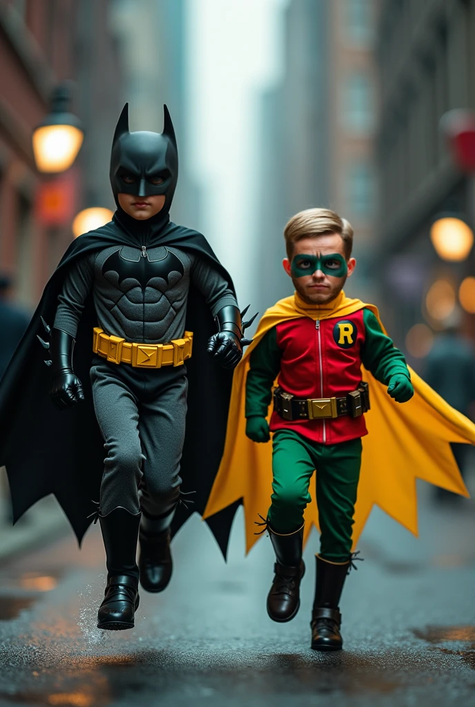 batman and spiderman ???, no mask, showing the whole face, batman is 8-year-old and spiderman is 5-year-old child, straight and short hair, thin face, body skinny, daytime, walking on the street during the day, realisitic, showing the whole body.