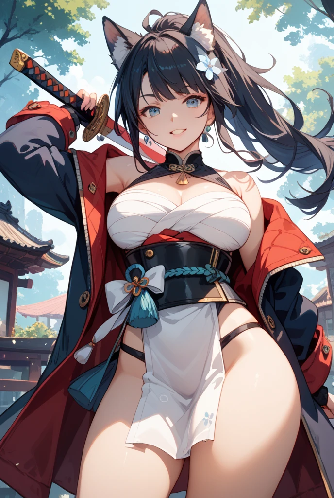 best quality,4k,8k,highres,masterpiece:1.2),ultra-detailed, extremely detailed eyes, extremely detailed body, (large masterpiece digital art), (detailed manga illustration), (detailed line art), ((perfect anatomy)), (intricate details:1.3), (ultra-detailed:1.3), (illustration:1.3), (sharp focus:1.3), (natural lighting:1.05), (vivid colors:1.3), (masterpiece), (best quality:1.4), (perfect anatomy:1.4), high quality, expressive eyes, full body, detailed face, beautiful face, perfect face, 1 girl, breasts, cleavage, gloves, large breasts, Japanese clothes, jacket, (underboob), robe, sash, belt pouchs, very long hair, thigh length hair, Japanese female, detailed ((black hair)), straight hair, Hime cut , blue eyes, curvaceous physique, arm wrap, hakama, hakama skirt, haori, miko, monk, thick thighs, toned, dynamic lighting, cinematic lighting, dynamic heroic pose, smiling, Japanese temple background, curvy, Atey Ghailan, Jeremy Mann, Greg Manchess, Antonio Moro, trend in ArtStation, trend in CGSociety, Intricate, High Detail, Sharp focus, dramatic and photorealistic painting art by Midjourney and Greg Rutkowski, Jeff Bridges, ((cartoon style)), Marvel Cinematic Universe style