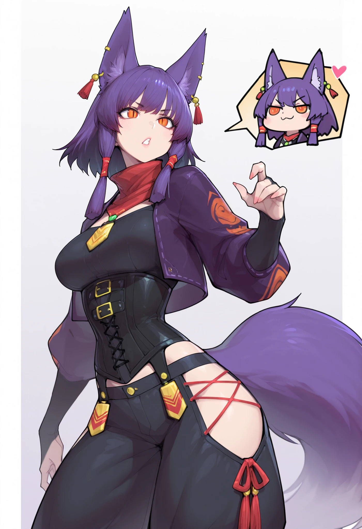 gorgeous kitsune girl, beautiful face, playful pose, kitsune, hair of purple gradient fading to red, hunter girl, orange eyes, red slit pupils, personalami style, volputrous body, big breasts, slim and athletic, fox ears, short hair, dark adventurer jacket, buggy pants, figure-flattering corset, fox tail, strong female, athletic lanky body, fox ears, interester expression, hair tubes, long hair, medium breasts, huntress, masterpiece, ultra definition, simple white background