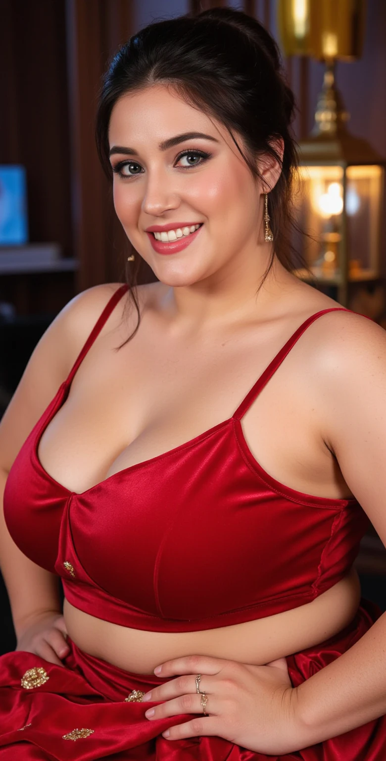 (best quality, masterpiece:1.2), indonesian and attractive woman, 3 people, fullbody, BBW, lingerie, large breasts, a smile, ultra-detailed, realistic, portraits, vibrant colors, fine lighting.
