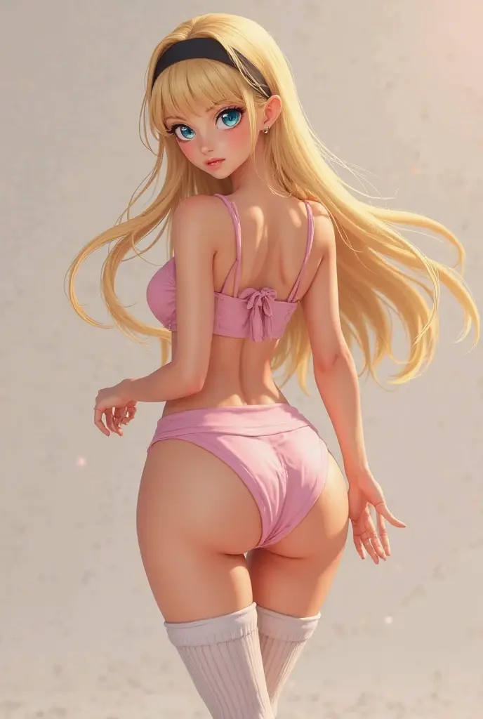 (masterpiece, best quality:1.4), Young blonde beauty, (((18 years old, neat girl))), detailed blue eyes, long eyelashes, blush, kind smile, horny, upper body, bikini, small ass, round ass, thong, (looking at viewer), beautiful blonde hair, white-skinned, (bangs:1.3), ponytail, (medium size breasts), (mushroom forest, celestial forest, beautiful and magnificent pink sunshine, majestic sky), natural light, pastel colors