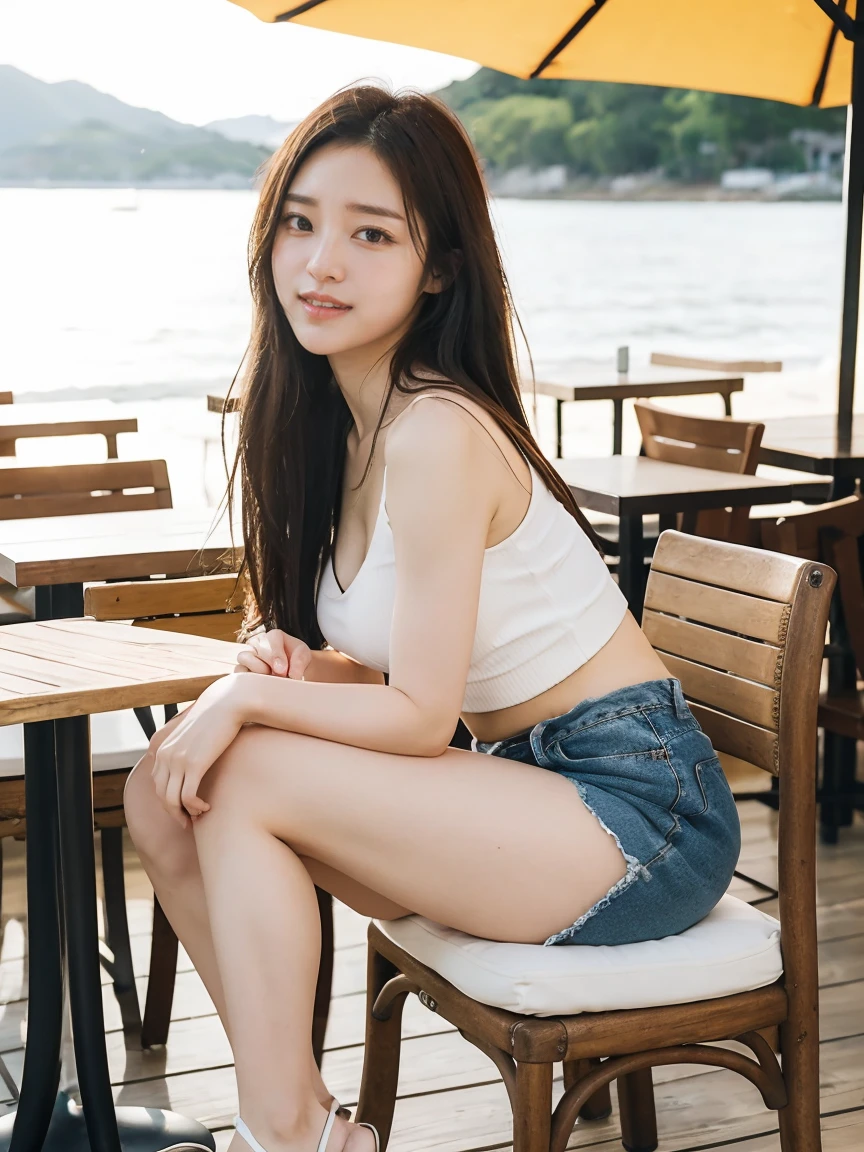 Yuna, 20 ans, assise dans un avion, regardant le soleil se coucher sur la rivière Han à Séoul. Her silver-gray hair shone softly in the twilight light, un contraste saisissant avec sa jeunesse. She was deeply absorbed in her thoughts, contemplant le chemin qu'elle avait parcouru jusqu'à présent et envisageant son avenir incertain. Despite her tender age, Yuna carried wisdom far beyond her years, acquise à travers des expériences que peu de gens de son âge avaient traversées. She wondered what the future held for her, but she was ready to face all challenges with strength and determination.