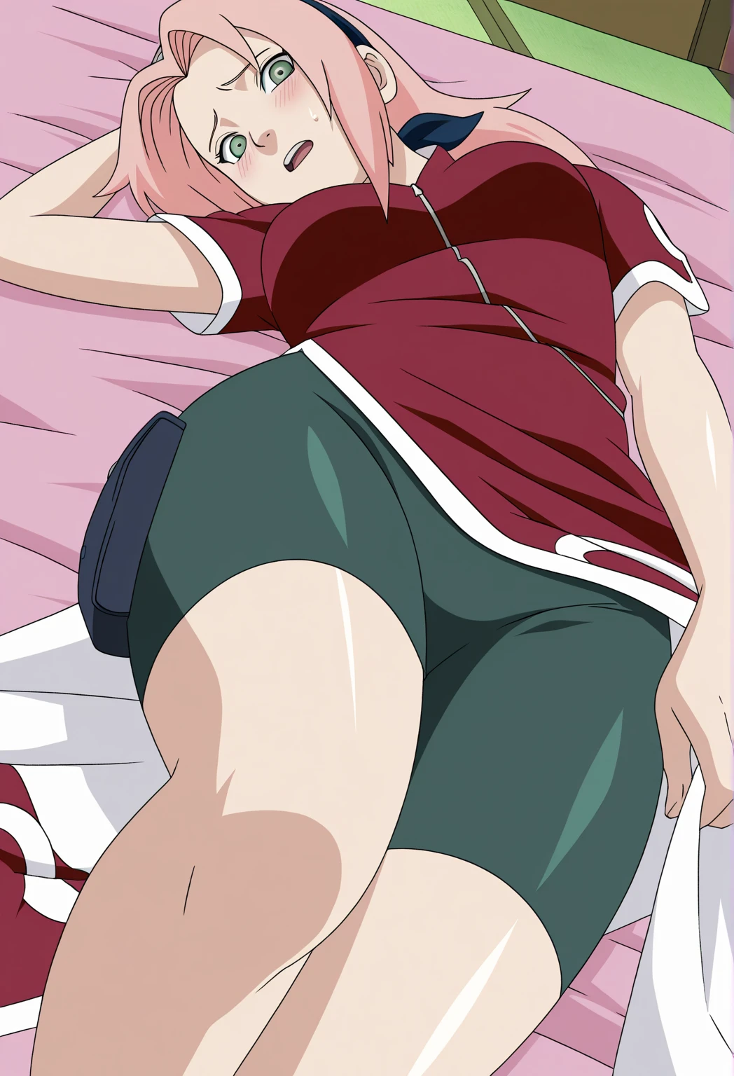 ((((ultra illustrated style:1.0)))),best quality,best animated,masterpiece,ray tracing, global illumination,arms up, 1girl,, sakuraharuno, sakura haruno, (green eyes:1.5), hairband, short hair, pink hair, (small breast:1.2), slim, petite, solo, underwear, panties, cameltoe, wet body, armpits, white panties, closed eyes, navel, sitting, barefoot, tank top, midriff, indian style, full body,indoors,