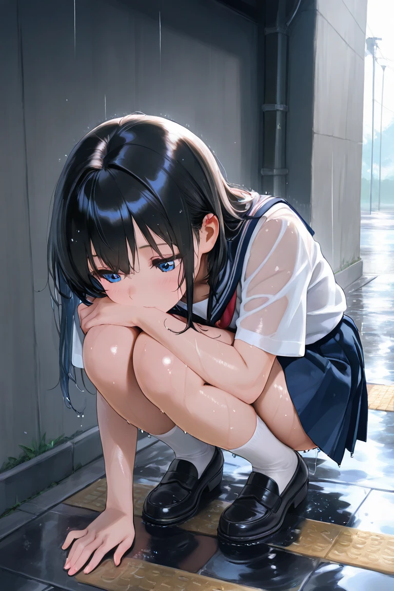 A beautiful woman wearing a school uniform, wearing a wide skirt, The girl squatted down and looked at the water that had pooled on the floor.