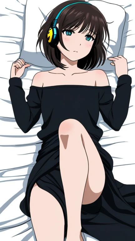 masterpiece, hi-res, best quality, 1 girl solo, uniform, bed, embarrassing, beautiful eyes bob cut, medium hair, side bangs, side locks, red eyes, black hair,