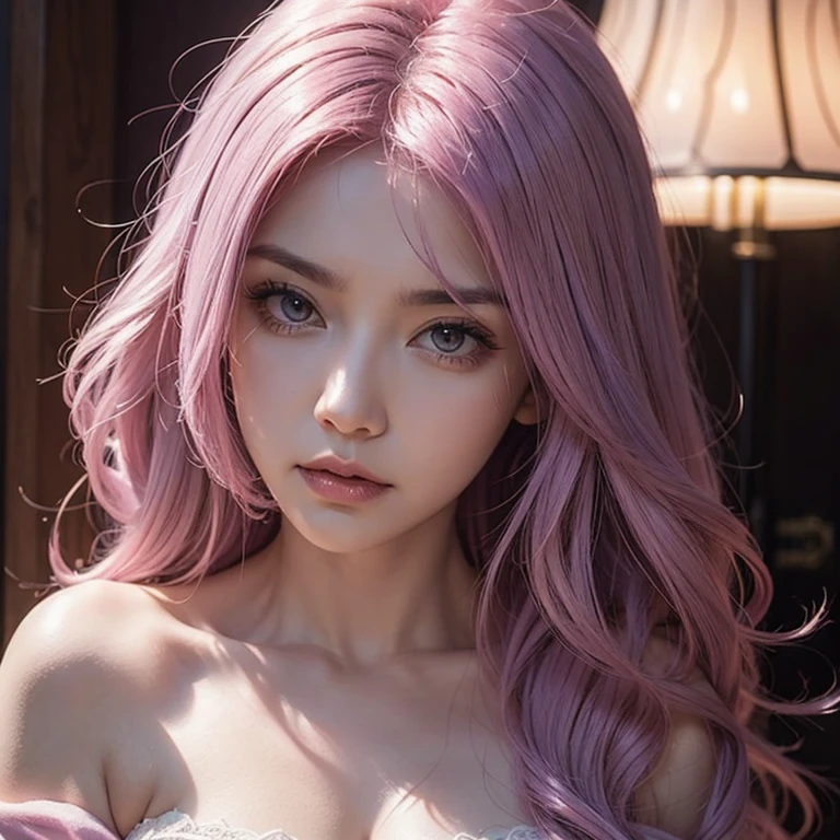 A mommy with long light pink purple hair, beauty purple eyes sexy body, good quality, detailed beauty face