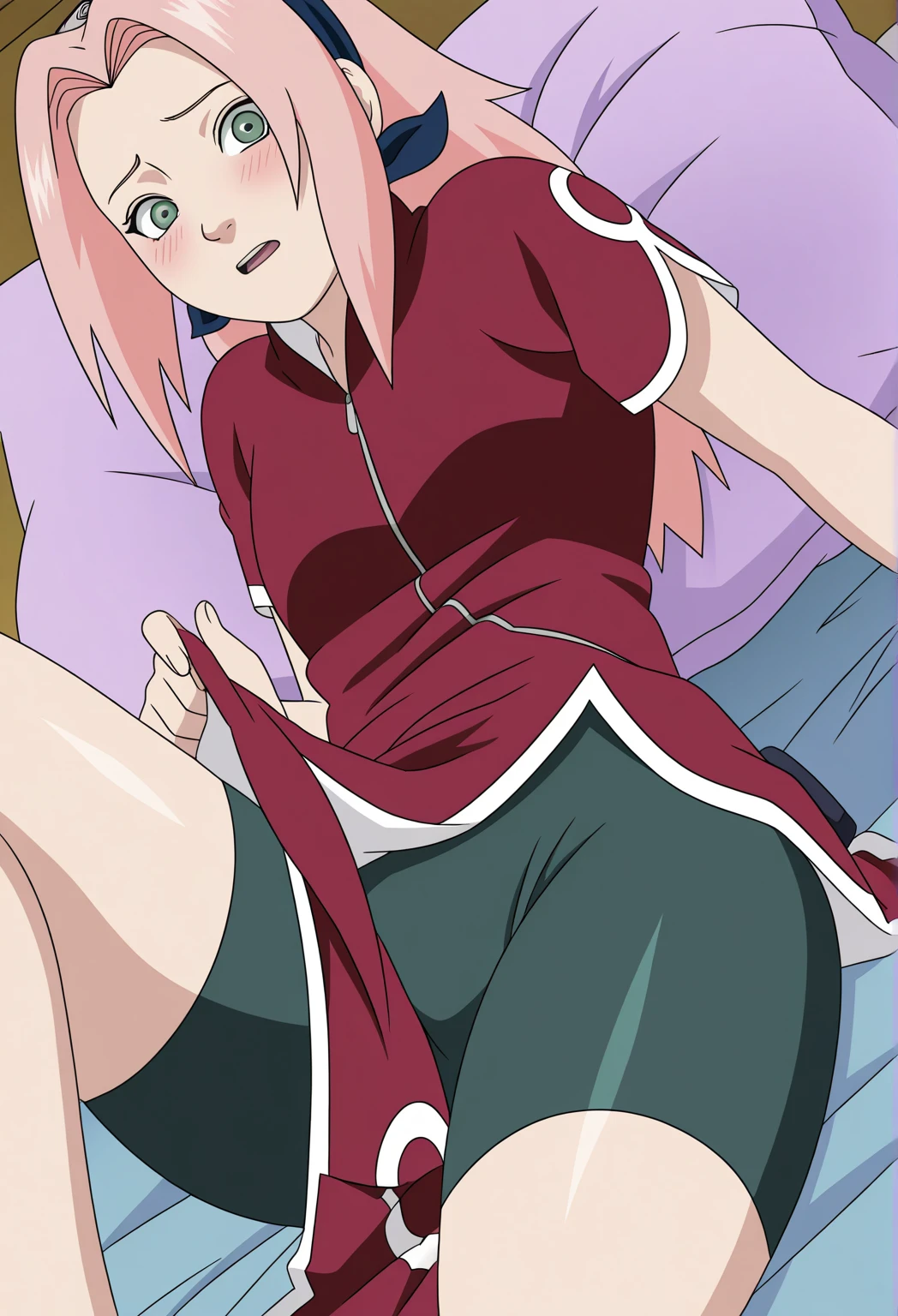 score_9, score_8_up, score_7_up, score_6_up, score_5_up, score_4_up, BREAK, source_anime, 1girl, teenage, haruno sakura, pink hair, Disheveled hair, long hair, green eyes, red shirt, red qipao, short sleeves, arms crossed, smile, looking at viewer, feudal bedroom background, anime screencap, anime coloring, evil expression, evil smirk, small breasts, show full body, shinobi sandals, spread legs, pussy, on bed, full face blushing, aftersex, dripping cum, blood in cum,