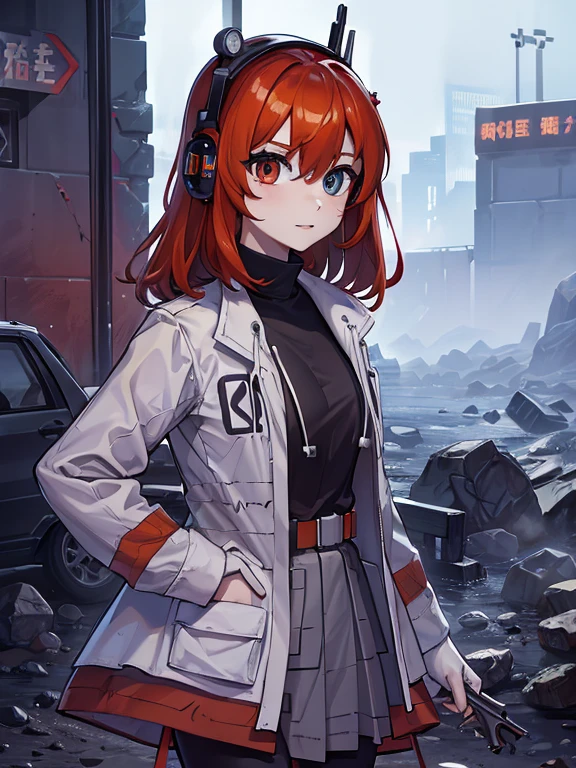 woman in her 20s, Mexican, slim build, nurse uniform, white coat, blue pants, short red hair, spiky hair, blue eyes, looking directly at viewer white background