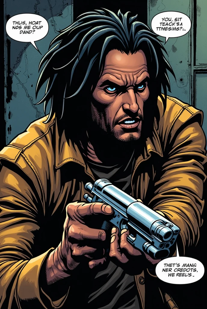 Naked-chested man with long hair being pointed at with a revolver in perspective naive comic drawing style

