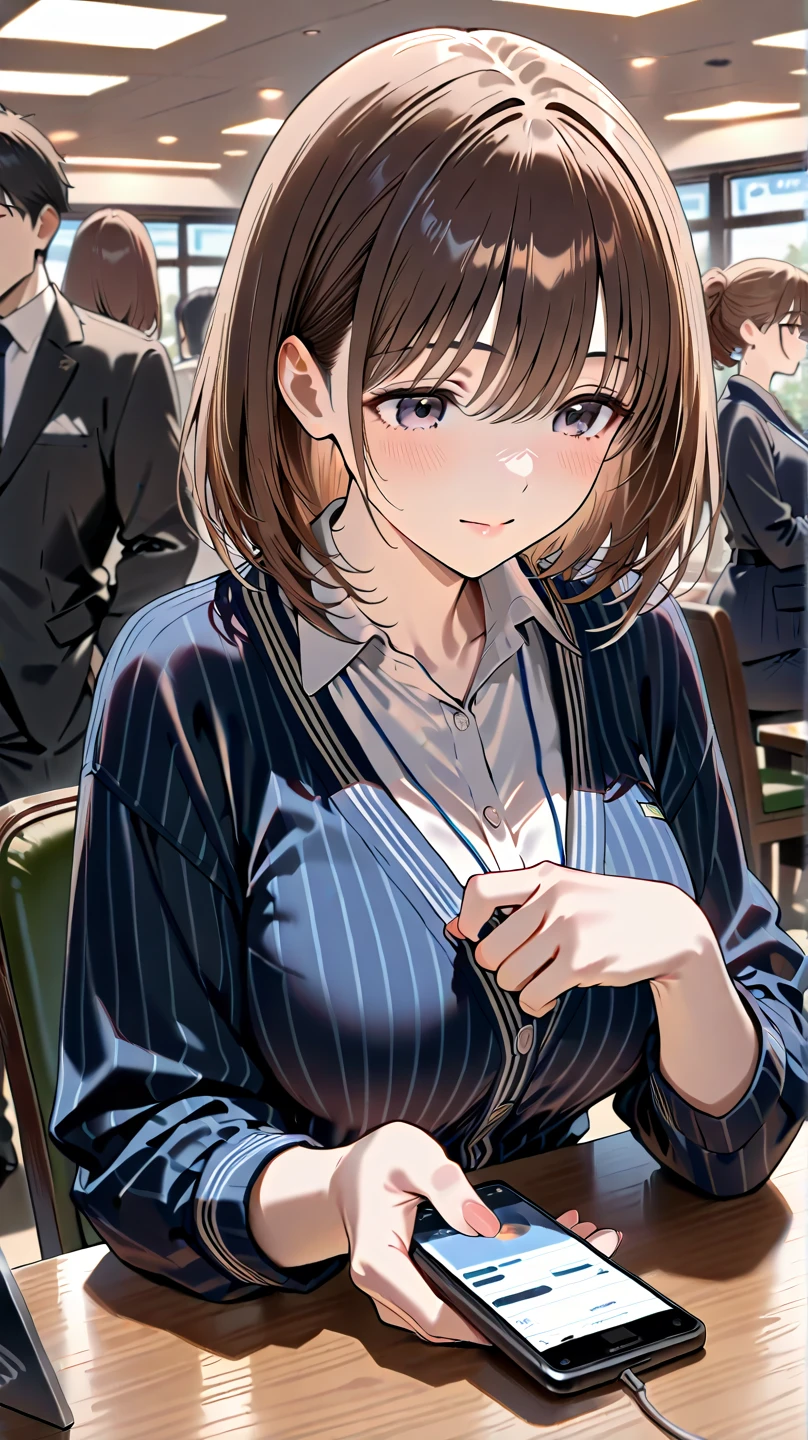 Highest quality,Ultra-high quality,Scale up,breast enhancement,woman,Mature Woman,Age 42,Formal wear,Light pink lip,Earrings,necklace,Brown eyes,Bob Hair,Dark brown hair,Big Tits,Above the ground,Are standing,storehouse