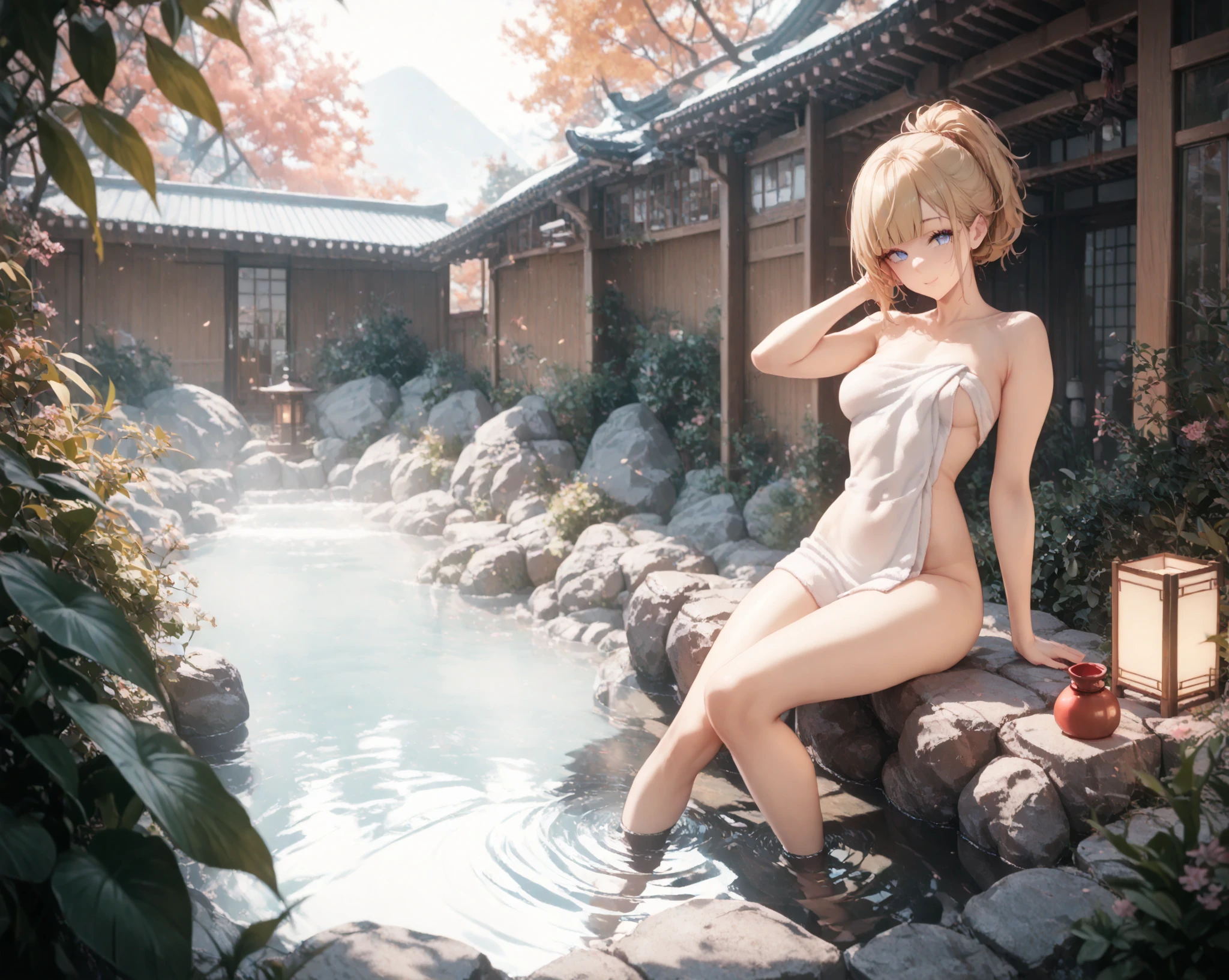 Cassandra Alexandra, absurdres, (masterpiece:1.4), (best quality:1.4), 1girl, (short blonde hair), (detailed green pupils), (inside geyser, onsen:1.2), (back view:1.5), moist skin, (fog:1.2), mist, shiny skin, glossy skin, (partially submerged in the onsen:1.2), (wet hair:1.2), (full body:1.5), mist, wet, moisture,
