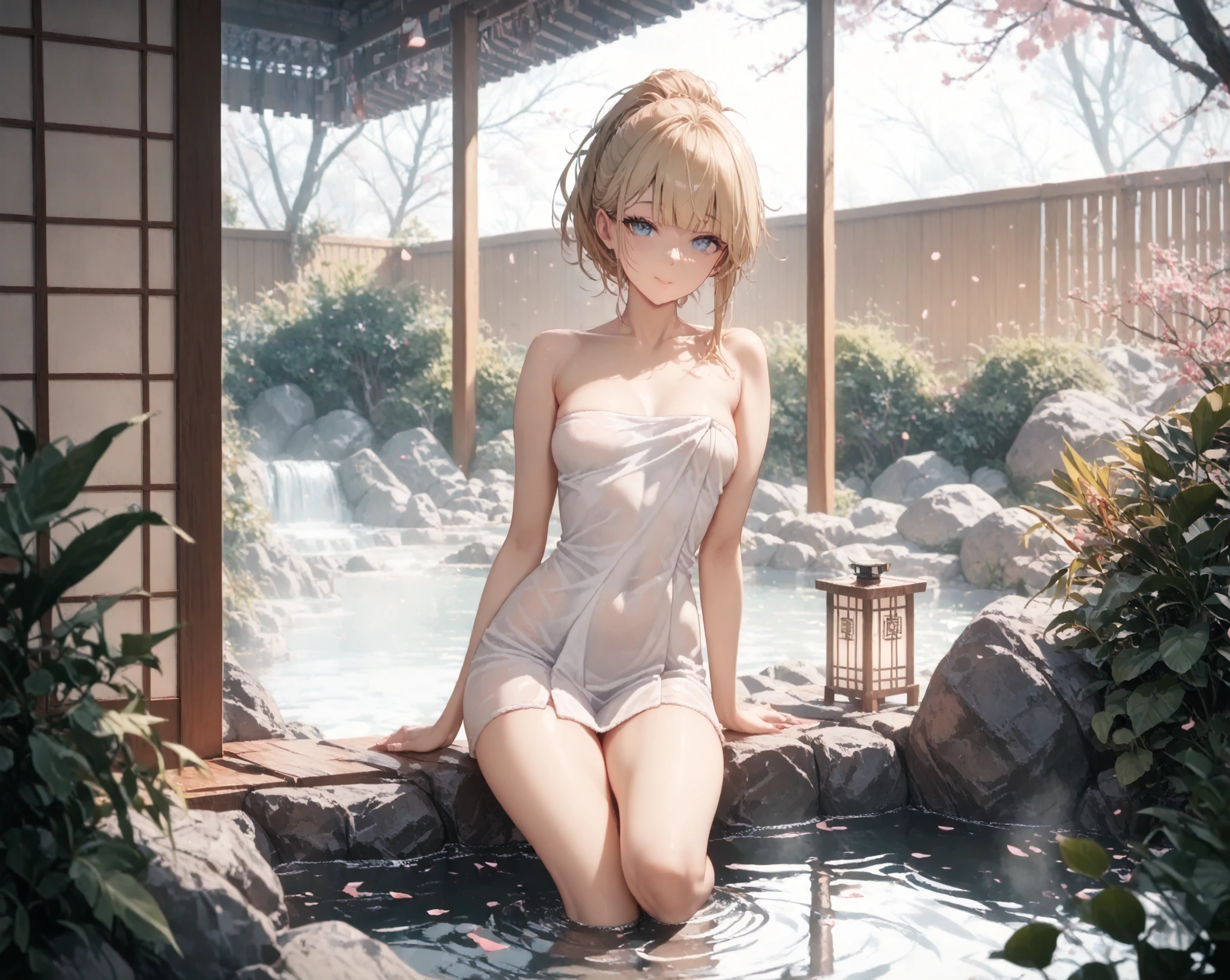 p zero two, sitting in a lake, (wet white dress), (short hair)