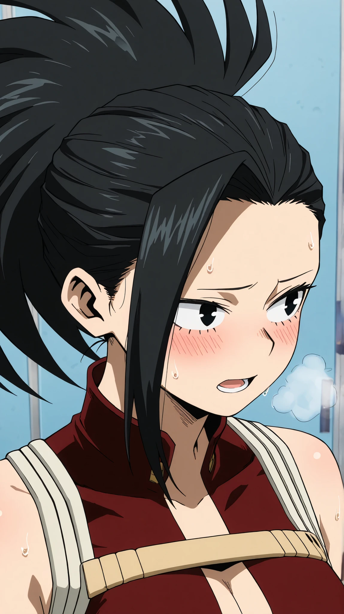 yaoyorozu momo,my hero academia
High quality , best quality , masterpiece, High Resolution , detailed face( LoRA: yaoyorozu),anatomically correct, detailed hair Style( LoRA: yaoyorozu),anime Coloring
solo, 1 girl
, long hair, bangs, black hair, ponytail, black eyes, high ponytail, wide ponytail,,
school uniform, sweaty body
looking away ,close up,
,,training room
,shy,blush,open mouth, embarrassed, Exhalation, rough breathing