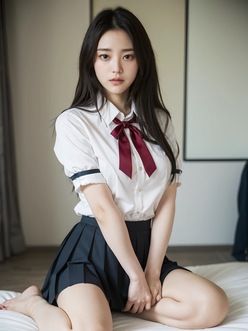 ulzzang -6500-v1.1, (Raw foto:1.2), (Photorealsitic:1.4), a beautiful detailed girl, extremely detailed eye and face, beatiful detailed eyes, Ridiculous, unbelievable Ridiculous, huge filesize, ultra-detailliert, hight resolution, ighly detailed, top-quality, ​masterpiece, Kemomimi, ((Japanese girls' high school uniform)), illustratio, ighly detailed, nffsw, unification, 8k wallpaper, astonishing, finely detail, ​masterpiece, top-quality, Highly detailed ticker uniform 8K wallpaper, face lights、Cinematographic lighting、1girl in、sixteen years old、(witheout panties)、((dynamicposes)))、(camel's toe)、(half)、、(Crooked knees and legs sitting))