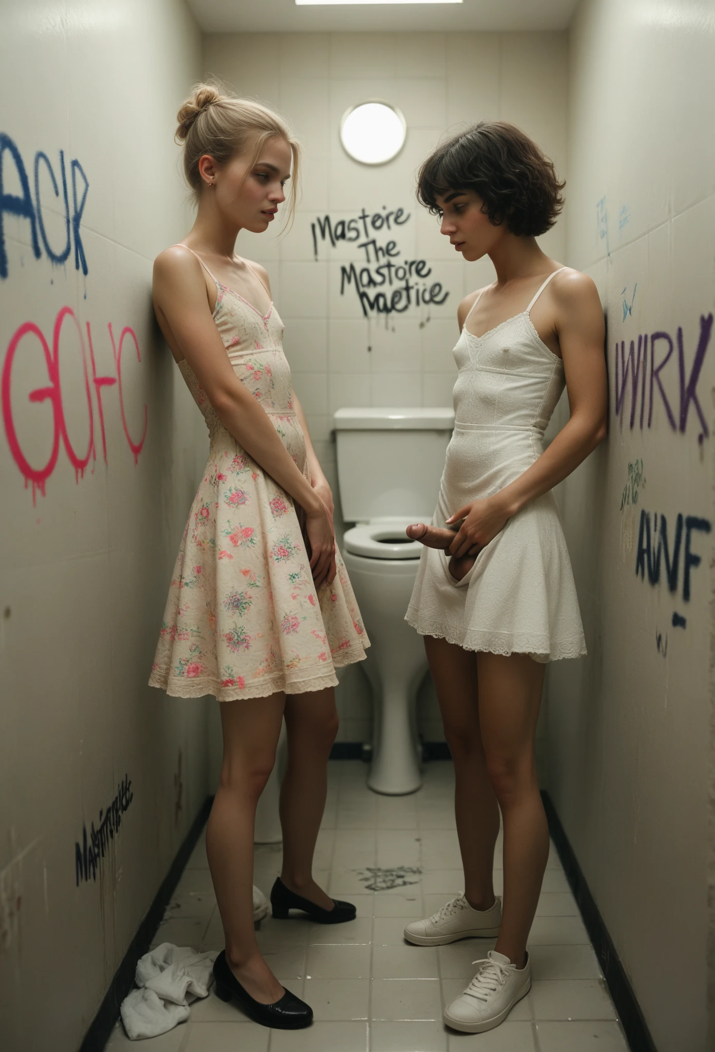 
"Fashionable bald girl in a bright neon dress, sitting in a toilet stall at a club. There is flour scattered on the floor, There is a blonde lying unconscious nearby. The girl looks at the blonde with deep concern. The girl&#39;s eyes reflect neon light, which adds mystery and drama to the atmosphere. style: Dark, dramatic, cinematic