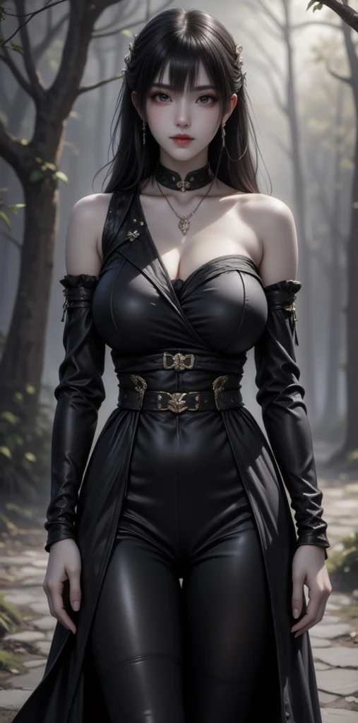 Realistic 3D anime style image of a dark-skinned woman wearing a long black cape with a hood, ((covering the upper part of her face, revealing her lower part of her face, eyes, nose, mouth)), ((cape and hood) decorated with fine intricate details), beautiful, detailed, symmetrical face, two strands of white hair on each side of the face, her eyes reflect iridescent blue light, beautiful, well-detailed eyes, beautiful lips, well-detailed full lips, perfect body, voluptuous body, ((( large breasts))), (a round silver medallion (with intricate fine details) tied to a silver chain hanging on her chest), (((narrow waist))), (((wide hips) )), (((thick thighs))),(black blouse(no neckline) with long sleeves), (qipao collar decorated with fine intricate details), (black gloves with cuffs) (decorated with fine intricate details),(skirt short black with a sash, (in the sash she wears a leather belt from which a silver dagger hangs), long black stockings covering her legs to the middle of her thighs, (black knee-length ankle boots with flaps), ((decorated with fine intricate details)). walking through a forest of wisteria trees on a sunny day ((,ground covered in red grasses)), high quality image, masterpiece, 8k resolution,