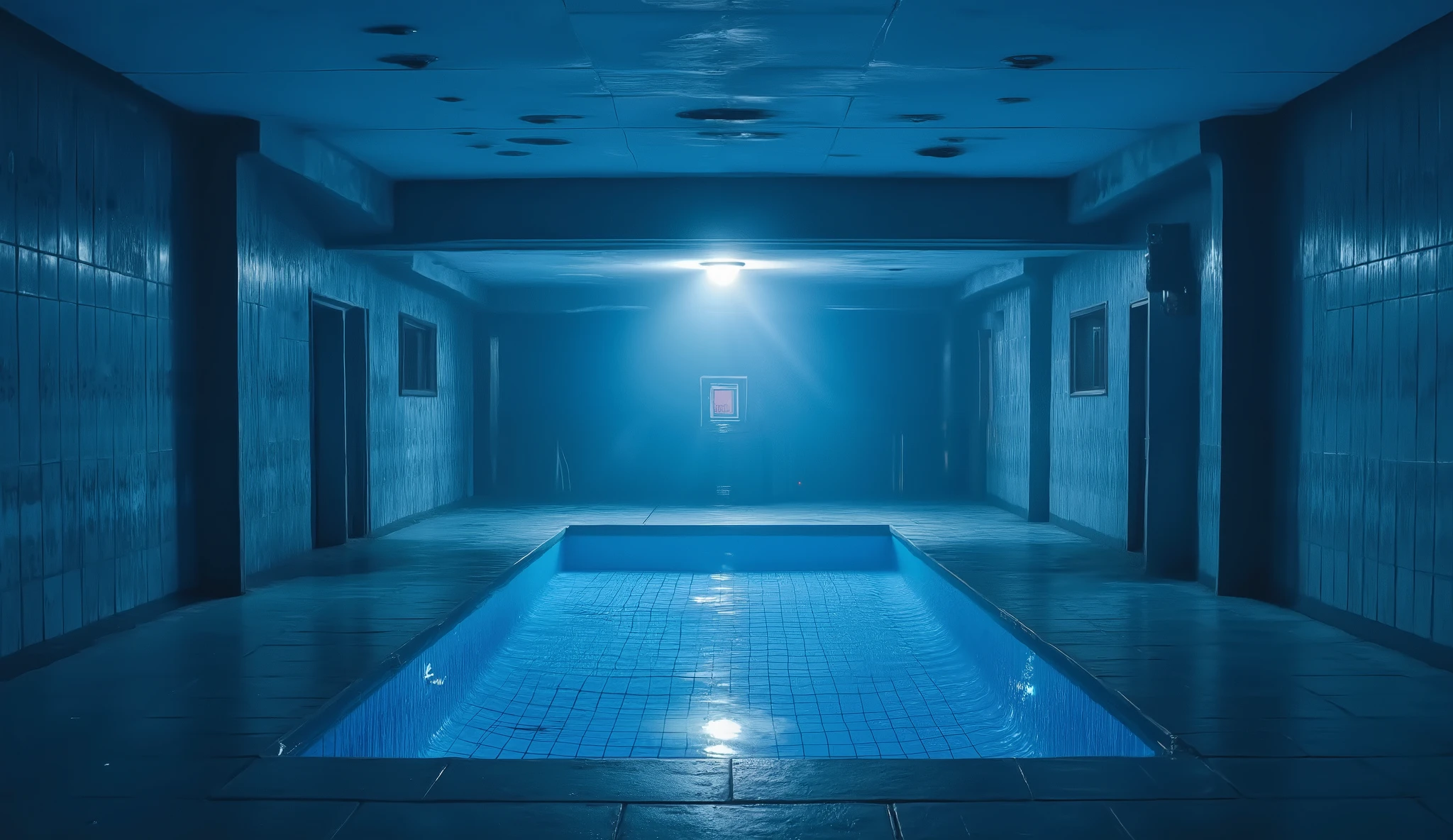 Swimming pool in the basement, ethereal lighting, surreal, liminal, hyper realistic, high detail, masterpiece.