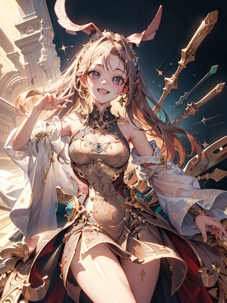 ((masterpiece, best quality)), close-up, straight on, face focus,((1 girl)), {long hair}, ((big breasts)), standing,  hair ornamen, gloves, (incredible absurdity), gilded frame, (detailed light),lighting, colorful, layered backgrounds, (gothic architecture), pond, (gorgeous background), dynamic angle, delicate background, (shine),ganyu, twin horn, bare shoulder, bodysuit