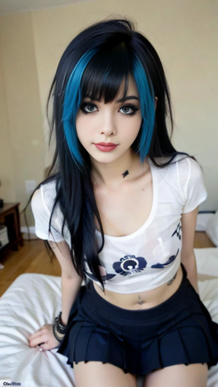 Beautiful 19 year old femboy, boyish face, big blue eyes, black shaggy hair
