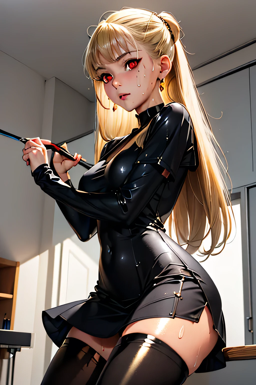 ((maximum quality, 8K, work of art:1.3)), A detailed eye, (looking from the front), Look to the camera, ((Everything is sparkling、reflecting light:1.2)), (best proportion: 4 fingers, 1 Thumb), ((Black Maria from One Piece))), long hair, yellow hair, cute face, blushful , big red lips, portraite, oni horn, sitting down, Jumpy, Body cute,