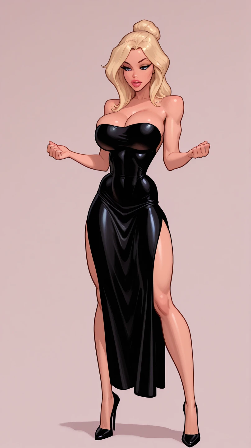 Full body shot of blonde Ms. Buxley from Beetle Bailey comics. Curvy body with large breasts Skimpy black dress. Low-cut and tight fitting and short. Blavk high heels. Necklace and bracelet.