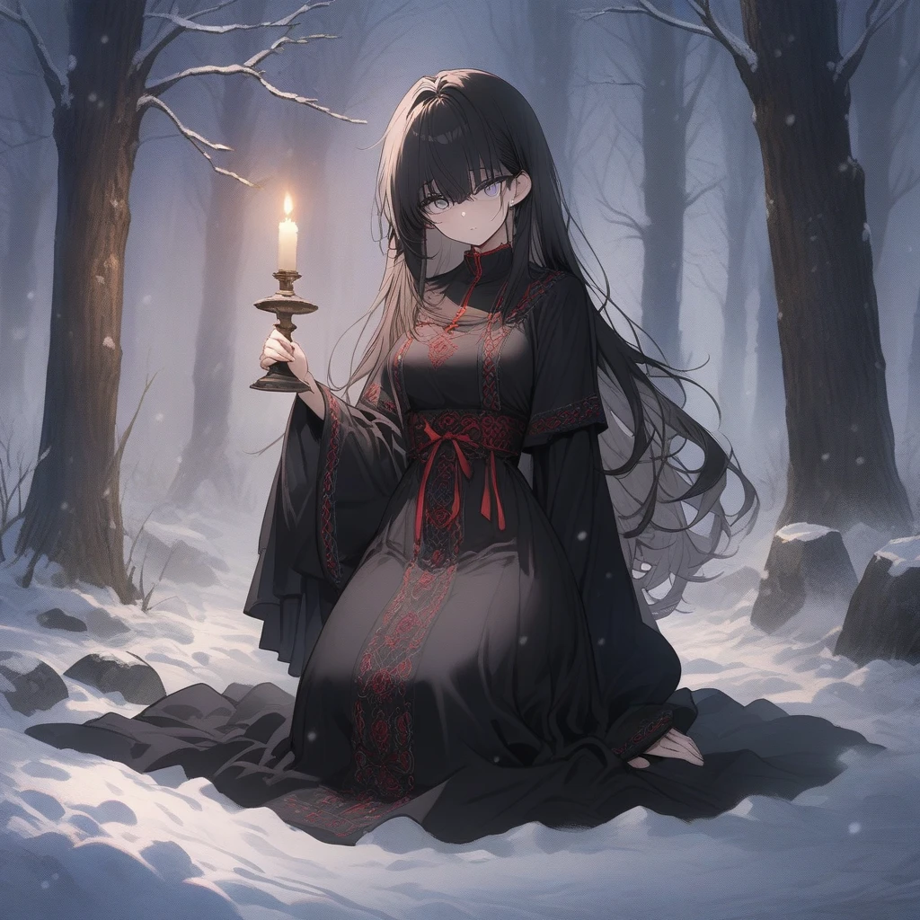 (masterpiece, best quality, chromatic aberration,volumatic light, ray tracing, extremely detailed CG unity 8k wallpaper),1girl,solo,black cloak,standing,looking at viewer,forest,(candles on ground:1.3),(blood on ground:1.3),full moon,(night, night sky, dark sky),winter,snow,light particles,dark light,