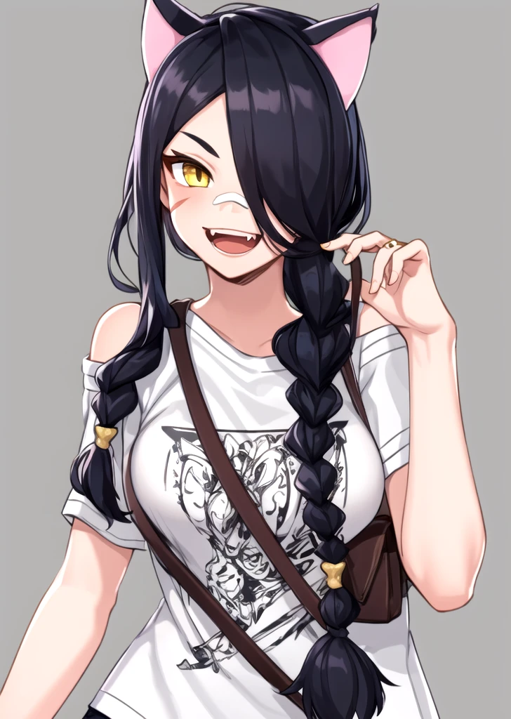 1girl, solo, ultra long hair, looking at viewer, black hair, bandaid on face, yellow eyes, smile, bandaid on nose, braid, bandaid, ultra detailed face, masterpiece, bangs, breasts, bare shoulders, scar, shirt, bare shoulders, white shirt, short sleeves, closed mouth, t-shirt, hair over one eye, portrait, bag, hair over shoulder, shorts, fullbody shot, cute, messy hair