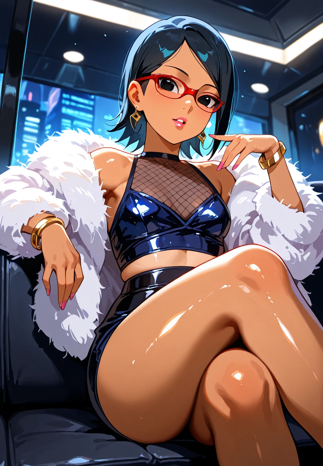 1girl,uchiha sarada, naruto \(series\), gyaru cosplay, glossy lipstick, shiny skin, tan, parted lips, bracelets, earrings, fishnet top, fur jacket, naturally sagging ,sitting in a vip lounge, sexy pose, close up, alluring atmosphere, cinematic lighting, masterpiece,top quality,warm color,high resolution,high fashion,absurdres extremely,vivid colors,intricate details,best quality,amazing quality,very aesthetic,newest,ultra-detailed,nsfw,
