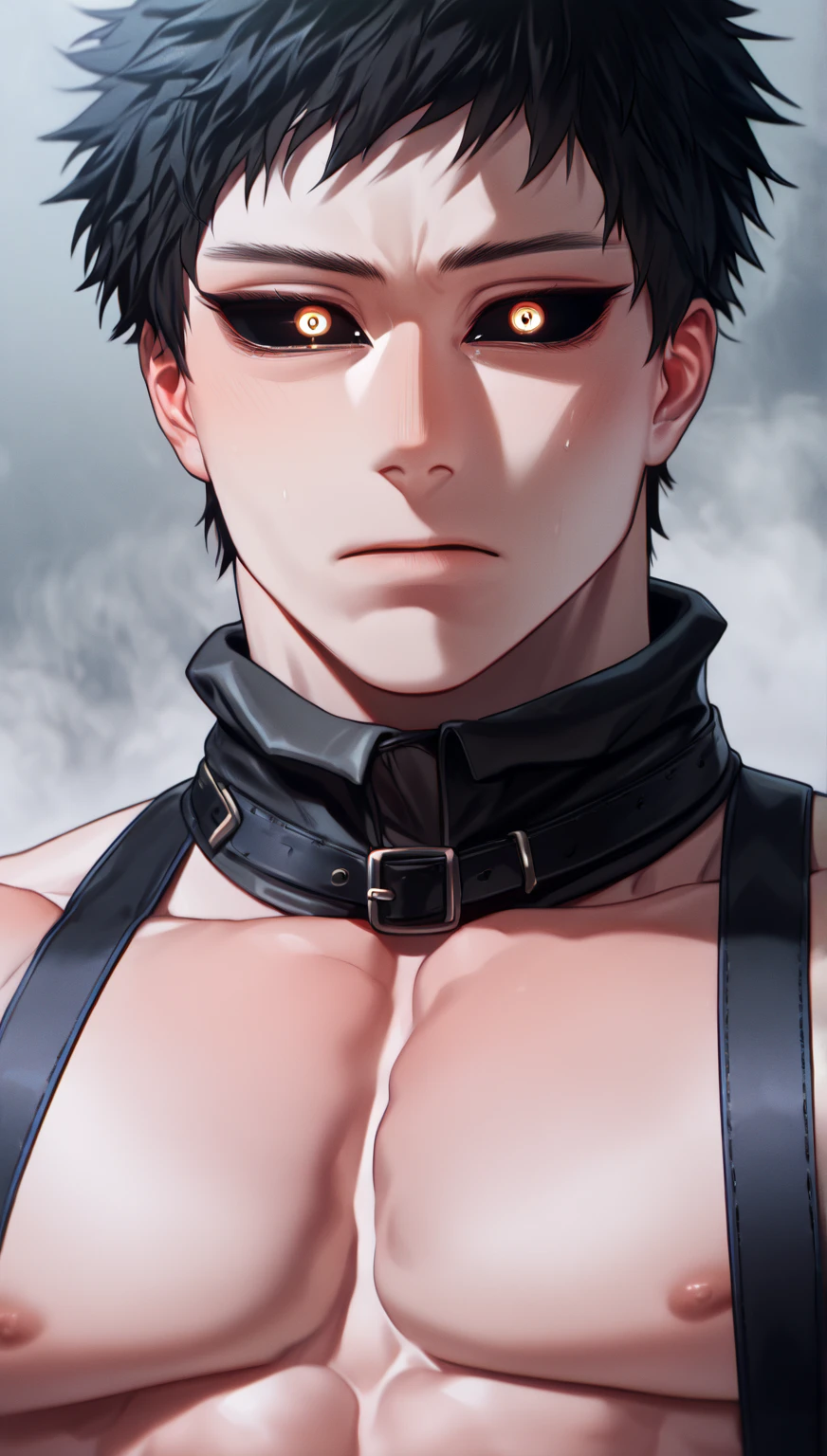 absurdres, highres, ultra detailed, HDR, masterpiece, extremely detailed face and eyes, Aizen Sosuke, brown hair slicked back, expressive brown eyes, Bleach, solo, sexy man, toned chest, handsome, white coat, black shirt,, soul society background, confident expression, wearing complete black Headband eyepatch on his right eye, confident smile
