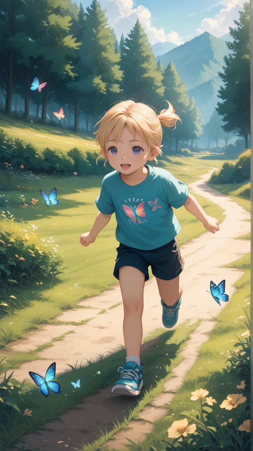 Highest quality、High resolution、Detailed Background、Beautiful face in every detail、Anatomically correct、Detailed facial expressions、fine grain、((full body, from below, side view, looking viewer:1.5)), ((One Girl)、(Chibi Girl:1.5)、Cute hair color、Large, beautiful blue eyes、Braided twin tails、（To trip over a stone and fall:1.5）、Elementary school, (Spring-colored sleeveless spring clothes、cute pants、Cute sneakers)、break　bamboo forest、((Falling face down、Stretch out your arms))、Surprised expression、Holding back large tears in the eyes、An expression that looks like it's about to cry、(背景はbamboo forest、Fallen leaves covering the ground、Bamboo shoots、Mild climate、Warm sunshine）