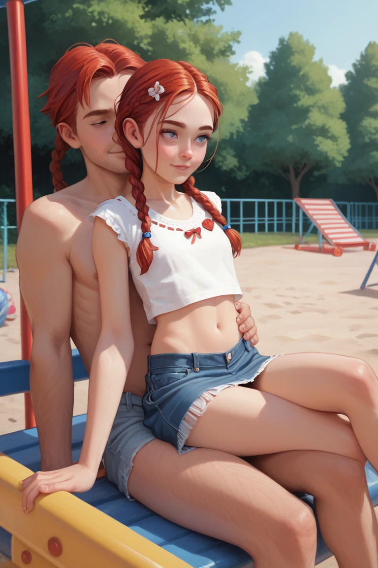 A boy humanoid cat lies on the grass in an embrace with a girl cat, cat boy wearing a short top, девушка кот одета в crop top, both in short sports shorts, both in short sports tops, crop top