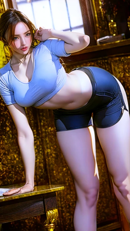 masterpiece, Highest quality, 8k, Realistic, Pink blank background, (1girl:1.3), (Photo from the waist up:1.3), (profile, Brown Hair, Short ponytail, blue sun visor:1.3), (Very tight gray latex polo shirt, Tight white mini skirt, Camel Toe:1.3), (flat chest:1.3), (Narrow waist:1.3), (Thick thighs:1.5), (Both armpits are visible, Anatomically correct, Accurate Anatomy:1.2), (Stand with your feet shoulder-width apart:1.3), Inner thighs, Smiling with some teeth showing, (Shooting from below:1.3)