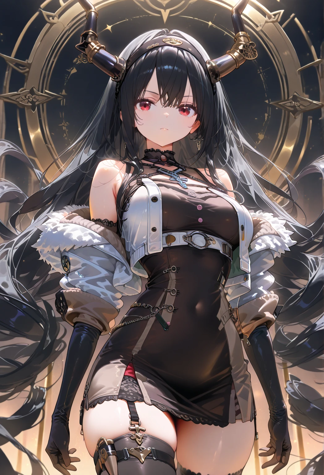 Woman kneeling on the ground,head looking up,The expression of pleading,There are chains around the neck,The kinky is exposed,Bare chest,high-heels