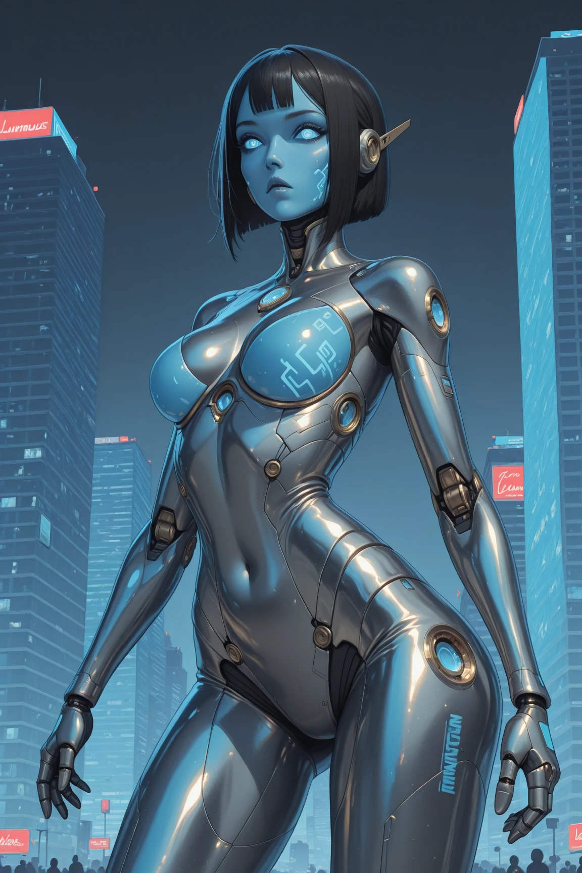 ((Radiant Aura:1.7)), 8k ((full back view:1.4))((below view:1.7)) (large eyes:1.3), defined cheekbones, looking back, ((the pit style:1.4))((sleek chrome bodysuit:1.6)) ((zentai bodysuit:1.6)), ((visor))((intricate metal details:1.4))detailed face:1.5), lightblue skin,(puffy lips:1.5) (lightblue skin:1.6), (bald woman:1.7), (skinhead) ((sexy pose)),(Muscular:1.3), ((gigantic breasts:1.5)), )highly detailed, majestic, digital photography, art by artgerm and ruan jia and greg rutkowski, ((metal shoulder pads:1.2)), (masterpiece), sidelighting, intricate details, black and blue color palette
