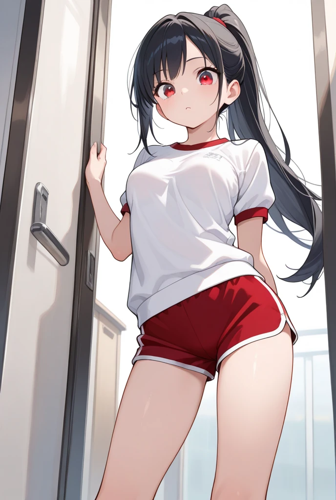 (((masterpiece, highest quality:1.3,absurdres))),cowboy shot,18 year old beauty,solo,((very small head:1.5)),ponytail hair style,long hair,blunt bangs,black hair,glay eyes,crying,drooling,medium breasts,((very long body,slender body)),skinny,gleaming skin,shiny skin,sweat,   ,(White short sleeve T-shirt, Red Ringer Neck, school gym red buruma),Love juice:1.3,Wet crotch、white sneaker shoes,    ,sitting,spread legs,arms behind up,School playground、at night、moonlight、
