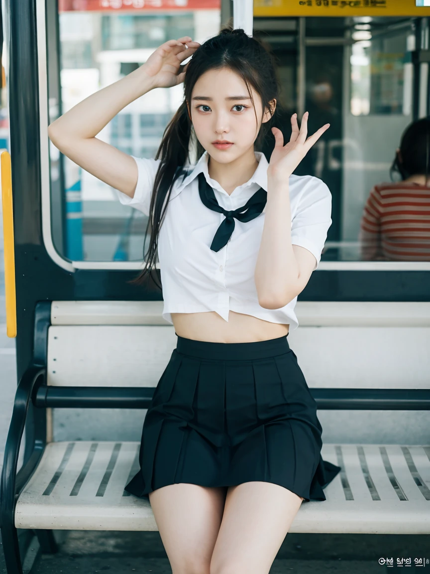 (((Open legs)))、I'm on both kneeini skirt、Belly button、Panties in full view、Vulgarity、Lewd、Ecstasy、(Mastepiece、highest quality:1.2)、8K、A cute 17-year-old Japanese student sits alone on a bench seat、85mm、Official Art、Raw photo、Disorganized、White shirt、Pretty Face、Upper body portrait from the knees up、Violet、Gardenia、beautiful girl、、(Navy Pleated Skirt) :1.1)、Ultra-thin waist、Thighs, thighs, thighs, thighs、Short sleeve、Inside the train、sit on bench seat、Viewer's perspective、Funny face、Heavy makeup、Heavy makeup、(smile:0.4)、Film Grain、chromatic aberration、Sharp Focus、Face Light、clear lighting、Teen、Detailed face、Background bokeh、(Dark red tie:1.1)、Full Body Esbian、