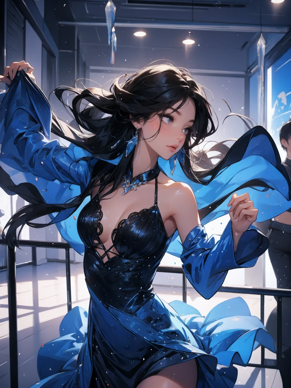 rinoa, blue duster, blue wristbands, half body, smile, holding necklace, unparalleled masterpiece, ultra realistic 8k CG, perfect artwork, seductive posture, sexy pose, alluring, clean, beautiful face, pure face, pale skin, intricate detail, prestige, gorgeous, luxury, fancy ballroom