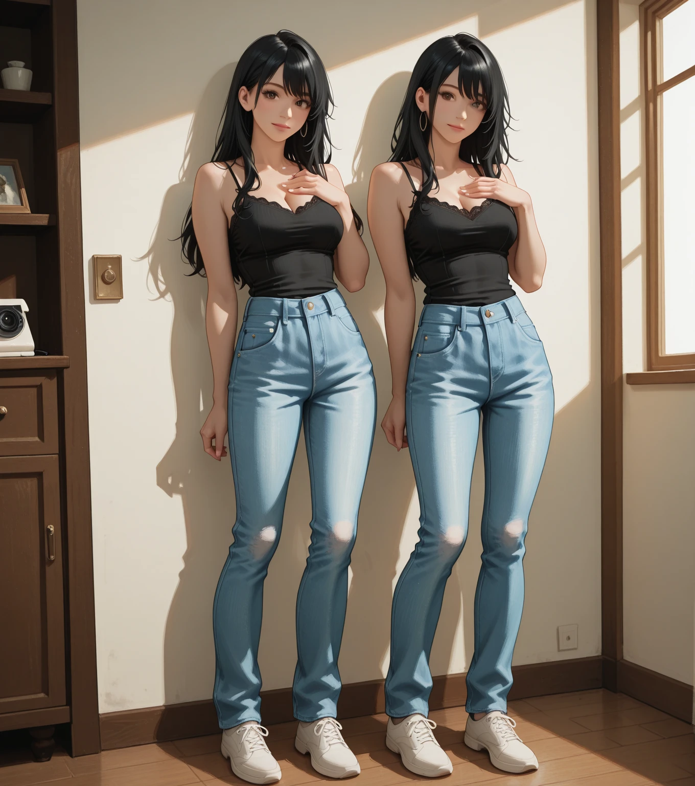 cute girl,cropped sweater,low-rise damaged skinny pants,happy,multiple views,gal,