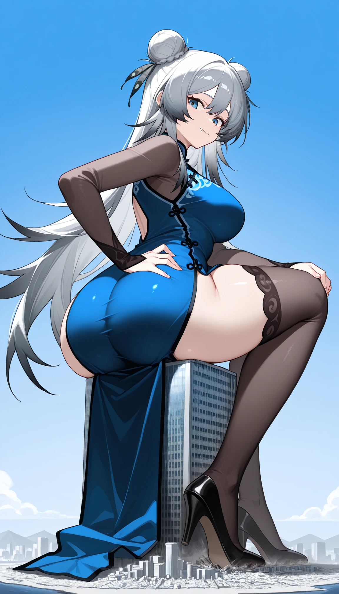 ((1girl)),((alone)), sylpha langlis,(masterpiece), (best quality), (ultra detailed), (best illustration), (best shadow), (absurdities), sharp focus, cowboy shot ,atmospheric perspective, depth of field, dynamic posture looking at the viewer, large breasts, narrow waist, wide hips, wide thighs, round butt, erotic, romantic, (very detailed eyes, lips 1.1), very detailed eyes, eyes, very face detailed, Very beautiful face, full height, beautiful slim figure, femininity, expressive appearance, elastic big breasts, sexuality, long hair, breasts, blush, blue eyes, light blue hair, big breasts, ((blue Playboy bunny suit:1.4 )), ((blue bunny ears)),((neckline:1.4)),((black pantyhose:1.3)), ((bare arms:1.4)), white wristbands, smile, hair between eyes, , curves, defined body, Perfect and beautiful body, perfect and beautiful, closed mouth, smile, happy smile, blushing, (sexy pose: 1.2), ((solo)), standing: 1.3,(( Castle: 1.5, room: 1.5, bedroom: 1.4, bed: 1.5, night: 1.5, window: 1.3, moon: 1.4, clear sky: 1.4)), looking back, from behind, ((focus on ass: 1.4 )), point of view: (from the middle), perfect anatomy, perfect hands
