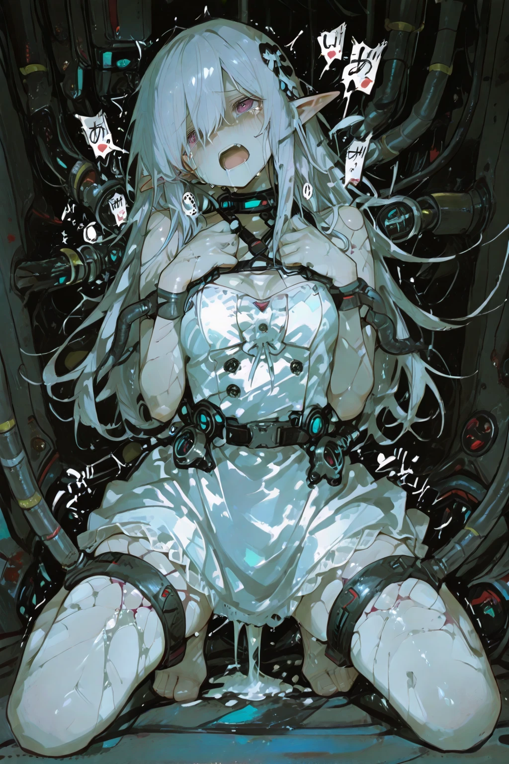 (silber hair:1.5),(Fluffy hair with curls:1.2),(red eyes:1.3),(With bangs),Slight red tide,(corset 1.45), (A room at night with moonlight shining in:1.6),(Your eyes are shining like stars:1.5),(A man's room living alone:1.45),(Fluffy carpet:1.35),(Eye size:1.7),(drooing eyes:1.65),(close up of face:1.35),(SM Play:1.4),(Meet and greet at the entrance:1.3),(look up as if clinging to:1.45),(red blush:1.4),(Perspective from above:1.4), Pale skin, White hair, Blue hoodie, Tails, Solo