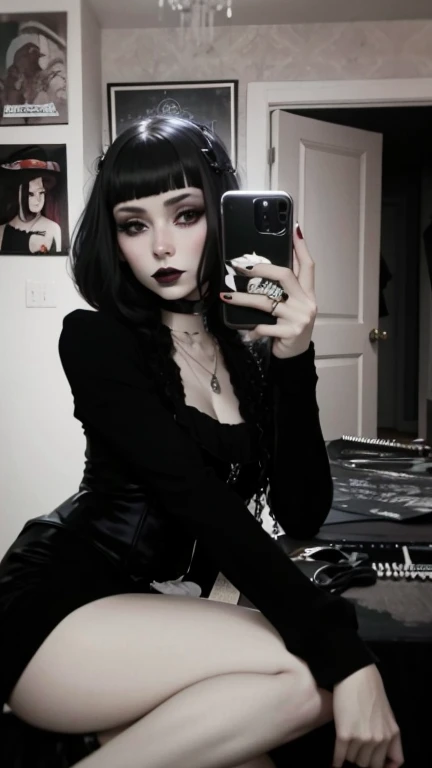 a selfie of poor quality in a room on a bed, 2000, emo scene, a girl takes a bad selfie, dark shadows, Accessoires, emo hair, emo makeup, extreme makeup, hair strikes