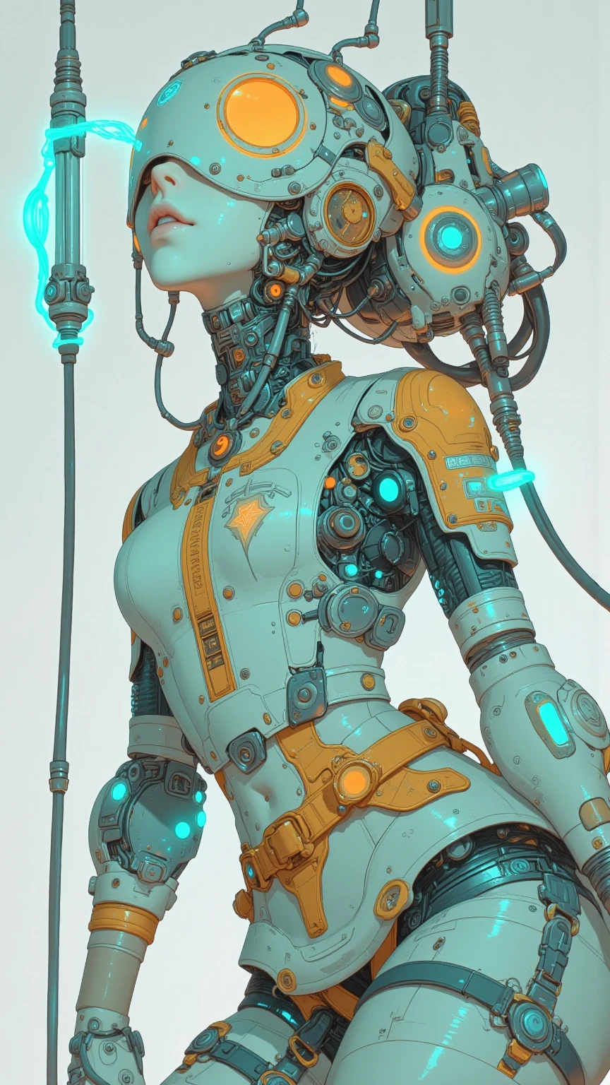 "1 cyborg with tattoos, dread hair in spring, puffer suit, vibrant and luminous colors, sharp and cinematic style, depth of field, capturing the essence of 35mm film, and a touch of luminous painting."