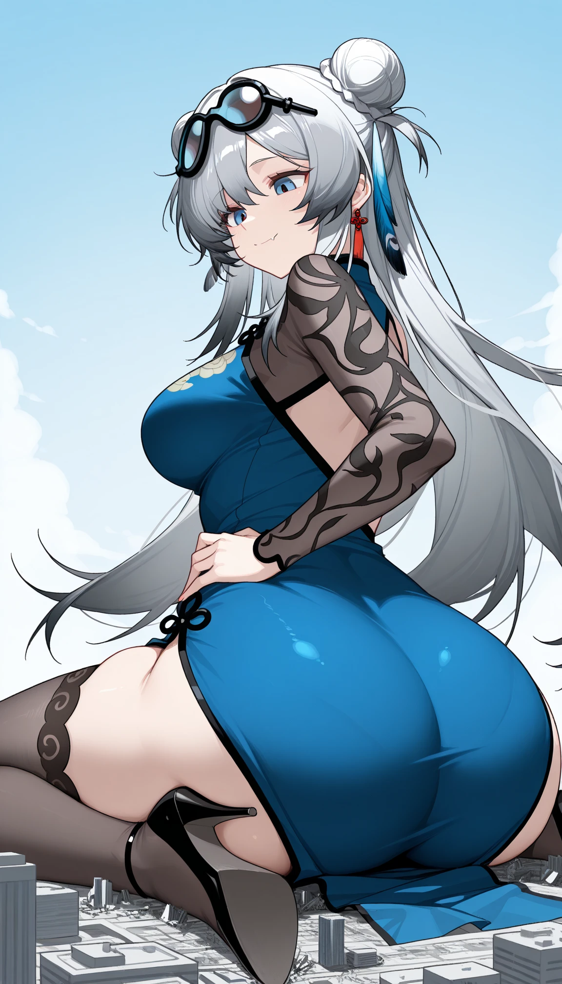One girl, long hair, slightly large breasts, (slightly large breasts: 1.4), thick thighs, (thick thighs: 1.2), silver hair, golden eyes, frilly hairband, white background, cleavage, exposed shoulders, brown eyes, standing, collarbone, full body, ponytail, thighs, open lips, kimono, shiny, arms up, shiny hair, shiny skin, open bangs, obi, high ponytail, revealing clothing, rope, pelvic curtain, ninja, back view